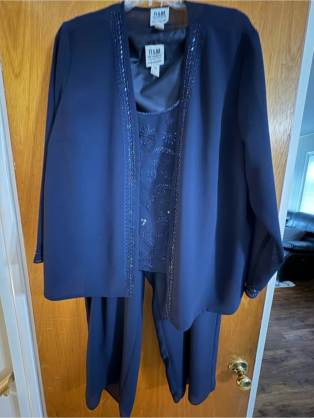 R&M Richards Navy Beaded Three-Piece Evening Wear Ensemble Size 18WP Petite